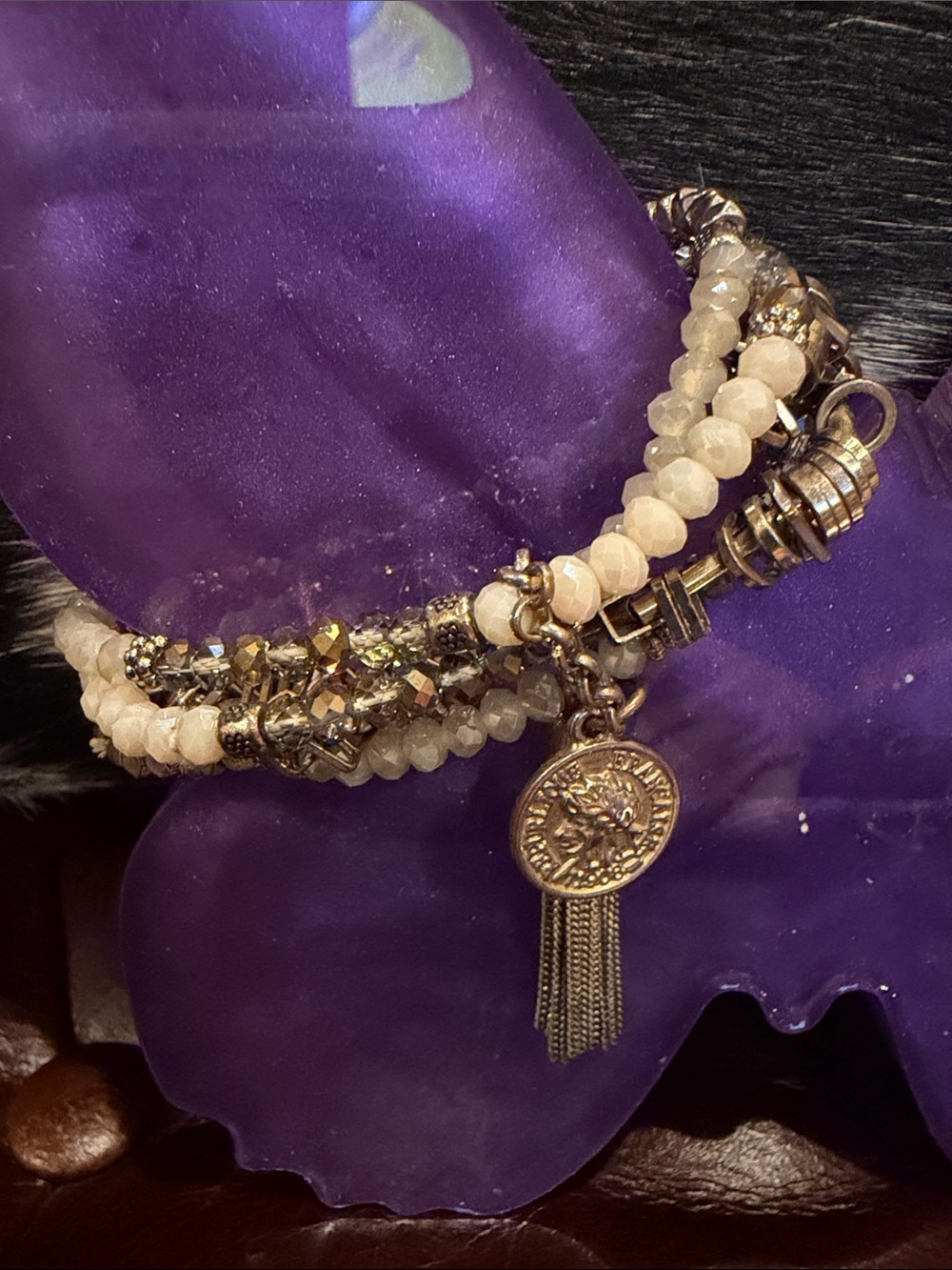 Multi-Strand White/Gold Beaded Charm Bracelet - w coin and tassle accents ⭐️💫